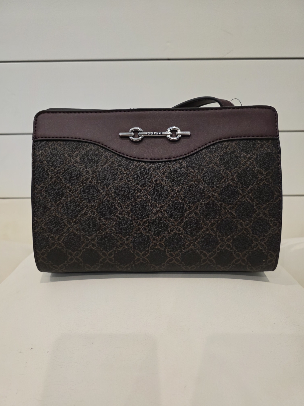 Nine West Brown Monogram Crossbody Bag with Dark Plum Trim